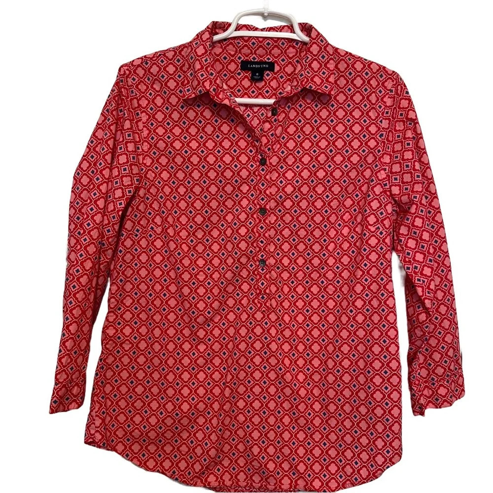 Lands End Multi Red Pink Button Popover Blouse 2 Valentines 3/4 Sleeve Size 8